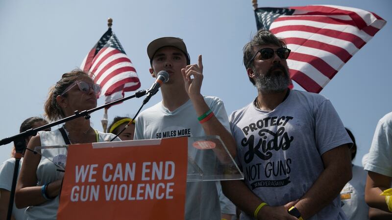 David Hogg (18) survivor of the Parkland shootings speaks at the rally at Smith & Wesson’s headquarters in Springfield, Massachusetts, USA, 26 August 2018. Photograph: EPA/Katherine Taylor