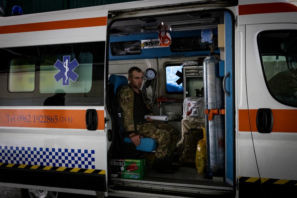 A wounded Ukrainian soldier awaits transportation to another hospital further west, in Kramatorsk, Donetsk, on Saturday. Photograph: Ivor Prickett/The New York Times