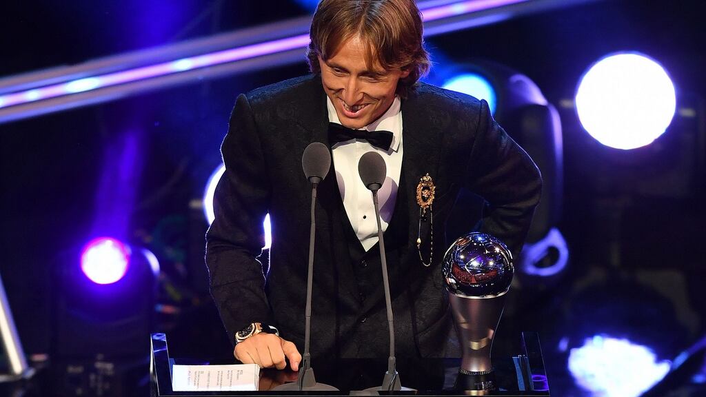 Real Madrid and Croatia midfielder Luka Modric after winning the trophy for the Best Fifa Men’s Player of 2018 award in London. Photograph: Getty Images
