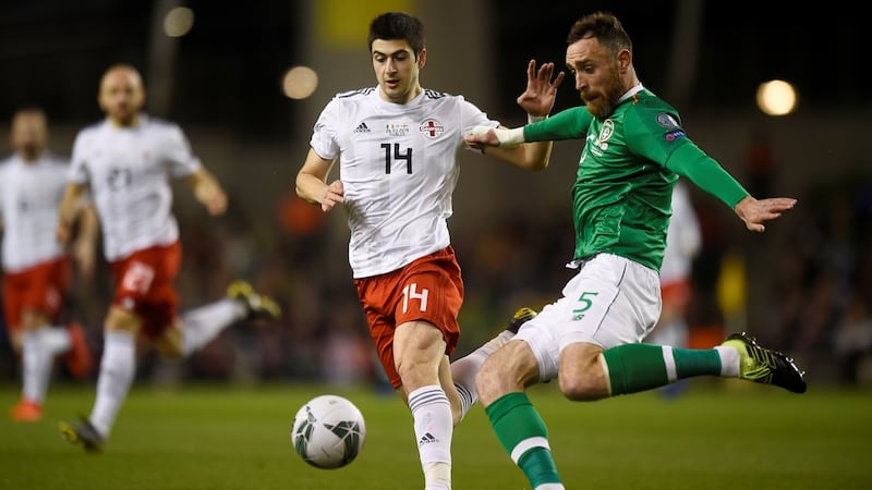Richard Keogh clears during Ireland’s narrow win over Georgia. Photograph: Clodagh Kilcoyne/Reuters
