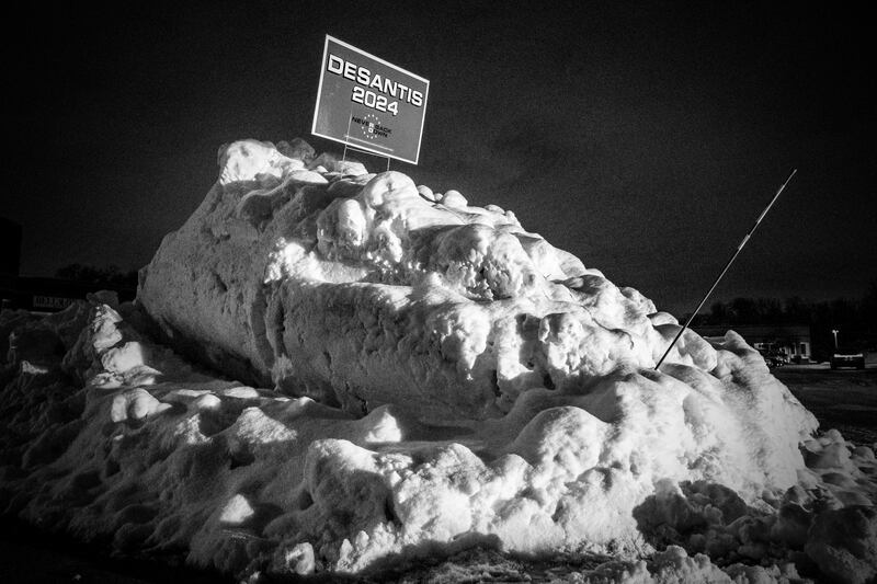 A campaign sign for Ron DeSantis in a snowbank in Clive, Iowa. The Florida governor trailed a long way behind Donald Trump. Photograph: Mark Peterson/The New York Times