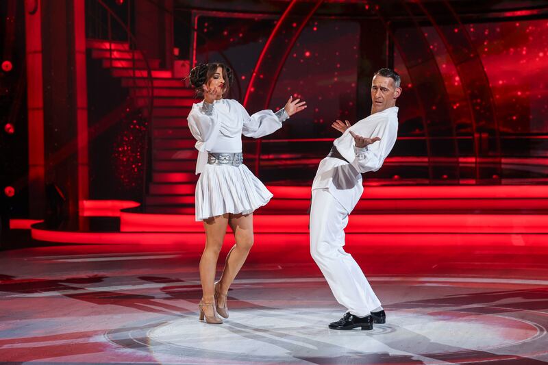 Jockey Davy Russell with pro dancer Kyle Vincent. Photograph: Kyran O’Brien/kobpix