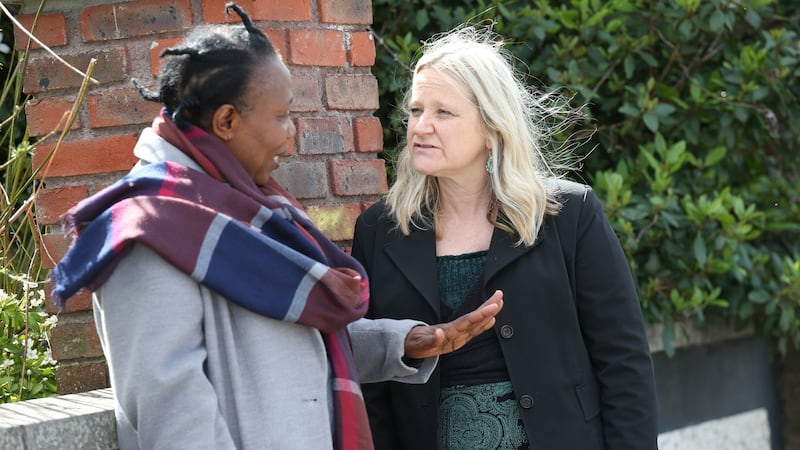 People Before Profit candidate in the local elections, Annette Mooney, canvassing in Crumlin village, Dublin. Photograph: Laura Hutton
