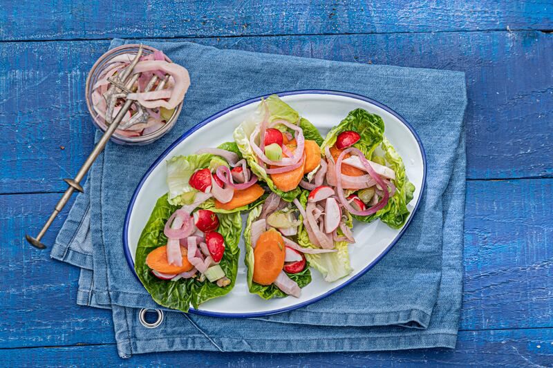 Pickled summer vegetables and butterhead lettuce. Photograph: Harry Weir