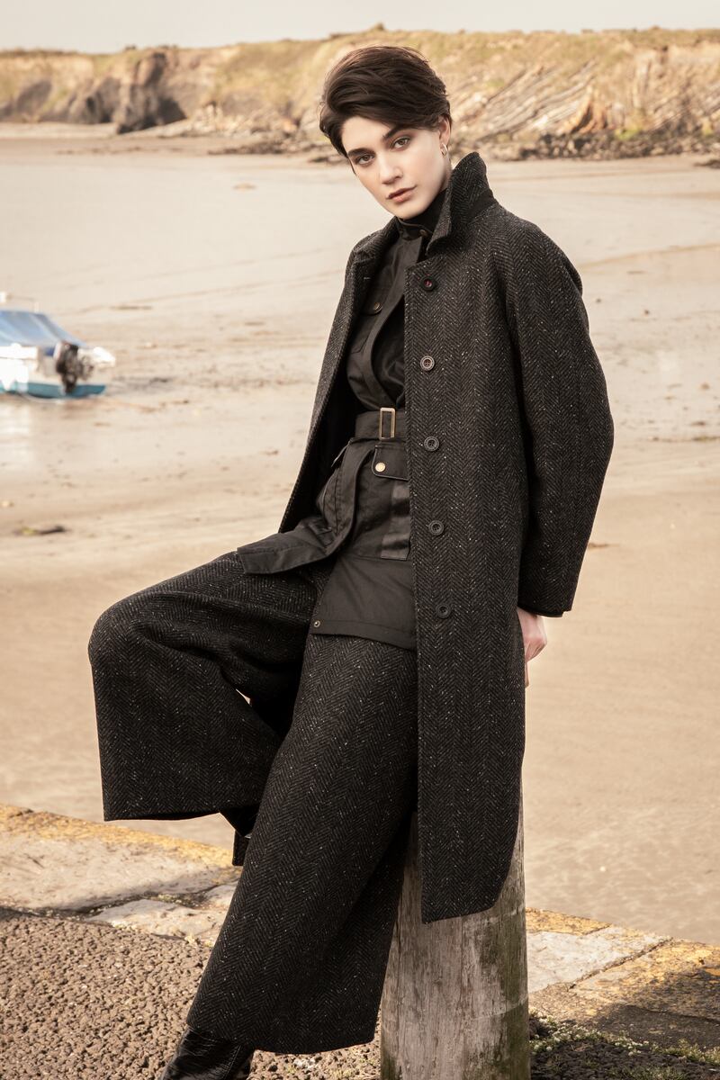Shauna overcoat (€540) and trousers (€360) in Molloy herringbone tweed from the Jack Murphy collection