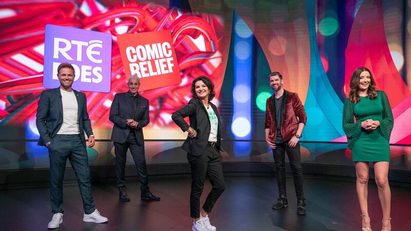 Presenters Nicky Byrne, Baz Ashmawy, Deirdre O’Kane, Eoghan McDermott and Jennifer Zamparelli during RTÉ does Comic Relief. Photograph: Kyran O’Brien