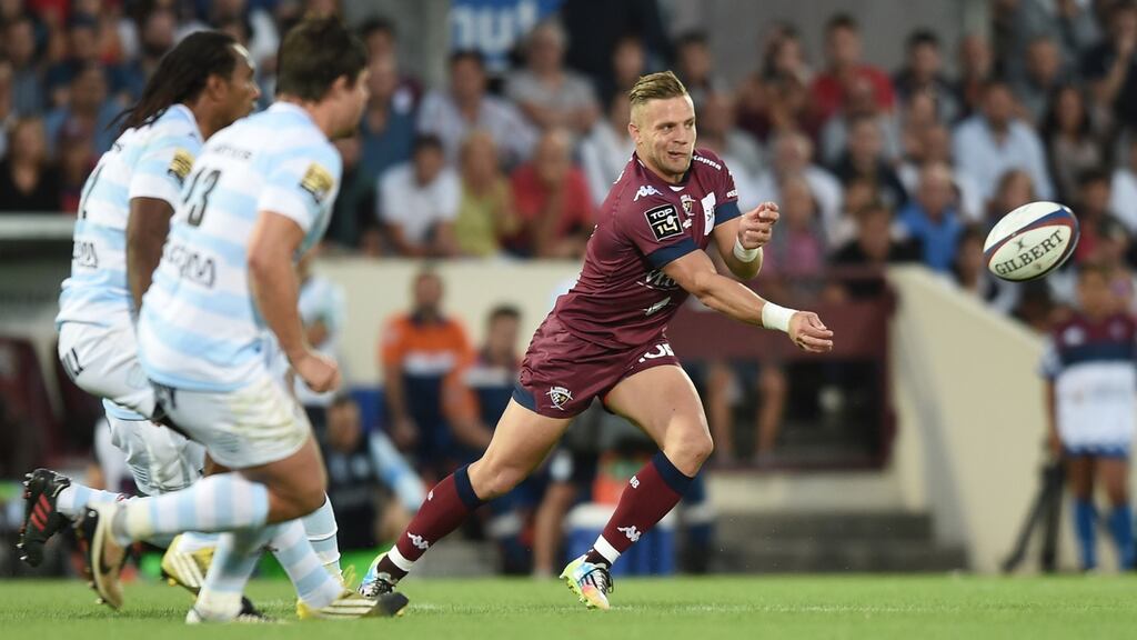 Bordeaux-Begles’ outhalf Ian Madigan: “I feel really good, I’ve no injuries, it’s a fast track and good weather, a good dry ball, so I was delighted to get out there.” Photograph: Nicolas Tucat/AFP/Getty Images