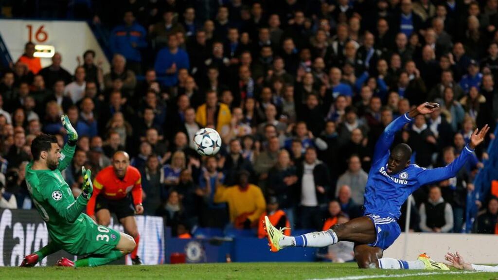 Paris St Germain’s goalkeeper Salvatore Sirigu is beaten as Demba Ba scores Chelseas’s vital second goal at Stamford Bridge. Photo: Stefan Wermuth/Reuters