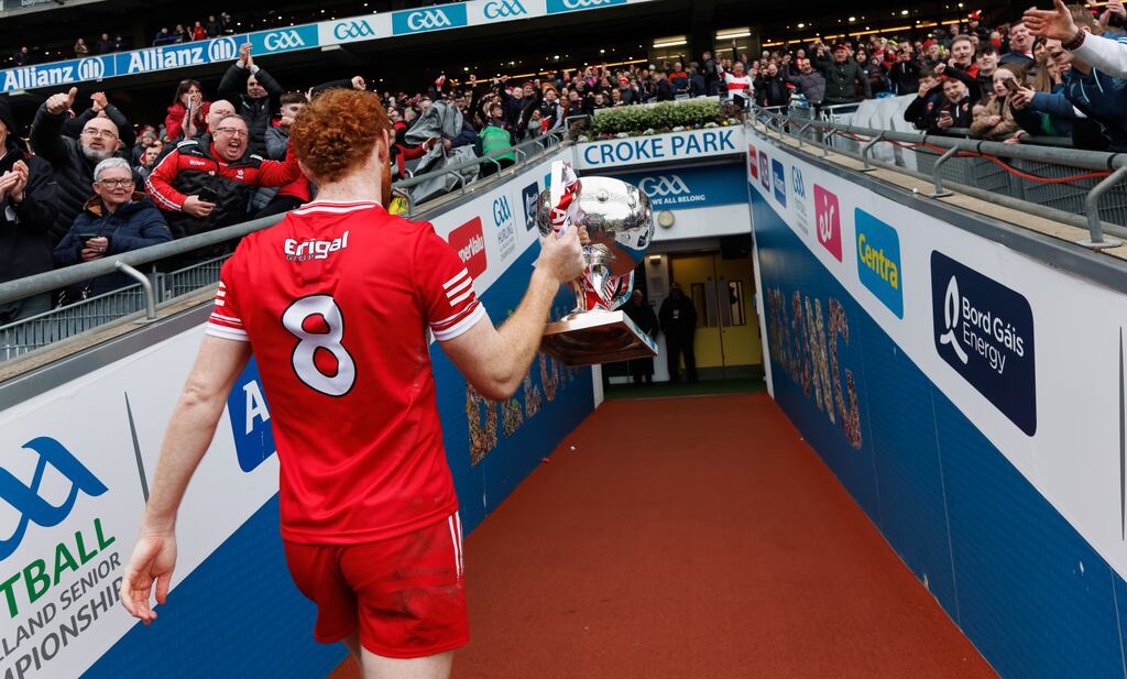 Derry’s Conor Glass heads down the tunnel after the game. Photograph: James Crombie/Inpho