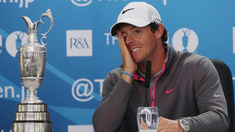 Rory McIlroy of Northern Ireland answers questions from the media after his two-stroke victory at The 143rd British Open at Royal Liverpool. Photograph: Andrew Redington/Getty Images