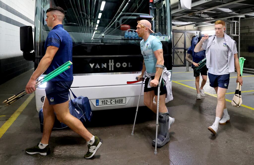 Limerick’s injured player Cian Lynch arrives for the All-Ireland final. Photograph: James Crombie/Inpho