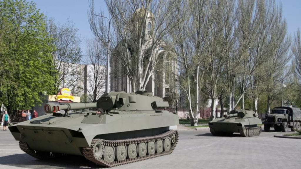 Armoured military vehicles being prepared for a parade by pro-Russian separatists in Donetsk, Ukraine. Both Kiev and the rebels have accused each other of breaking the Minsk peace deal through recent attacks. Photograph: Alexander Ermochenko/EPA