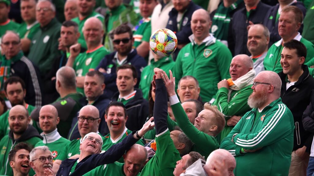 The ball goes into the Ireland supporters during the Euro 2020 qualifying match against Gibraltar at the Victoria Stadium. Photograph: Alex Pantling/Getty Images