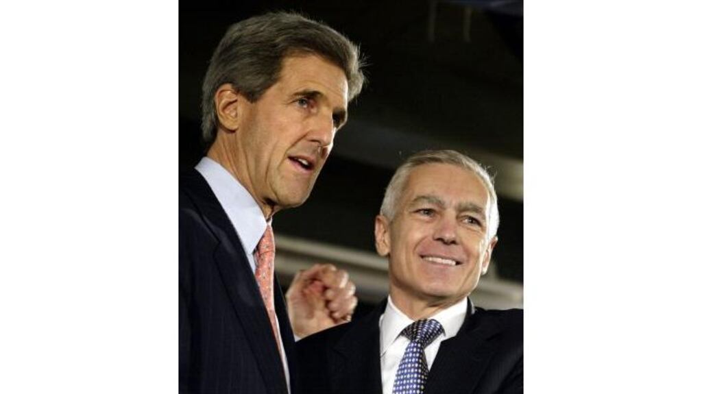 US Democratic presidential candidate Sen John Kerry smiles alongside former White House rival Mr Wesley Clark in Madison, Wisconsin yesterday . "There's nothing there, there's no story," Mr Kerry said of allegations he had an affair with a female intern