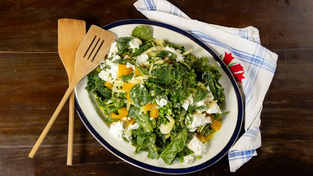 Peas, fennel and spinach dressed with orange, chilli and feta. Photograph: Patrick Browne