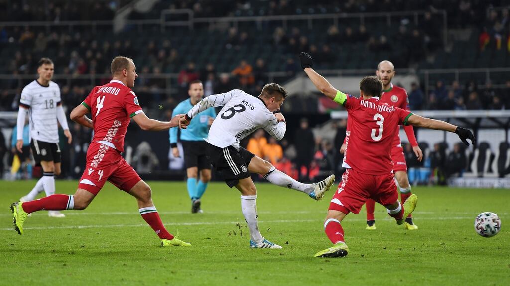 Toni Kroos scores his second and Germany’s fourth goal during the Euro 2020 Group C qualifier match against Belarus in Mönchengladbach. Photograph: Jörg Schüler/Bongarts/Getty Images