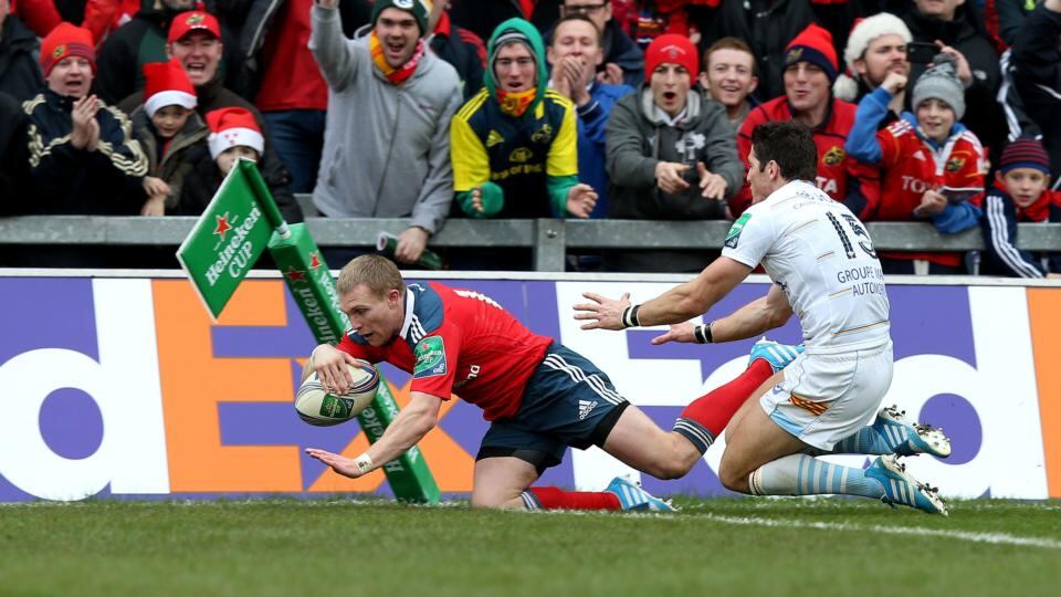 Munster’s Keith Earls scores a try against Perpignan. Photograph: Dan Sheridan/Inpho