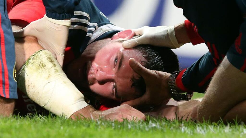 Munster’s Peter O’Mahony down injured in the win over Leinster last Saturday. Photograph: Dan Sheridan/Inpho