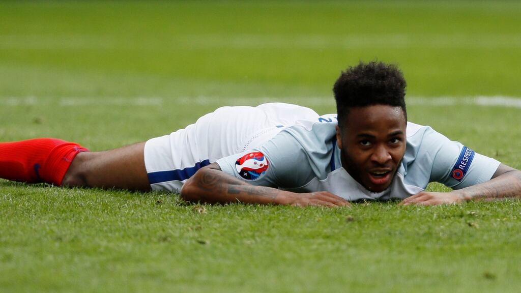 England’s Raheem Sterling reacts after missing a chance to score against Wales. Photograph: Reuters.