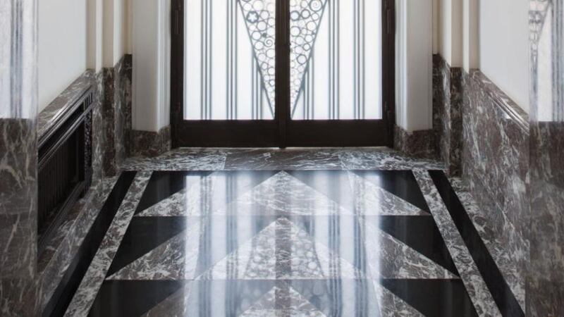 Detail of interior hallway at the Haerens Hotel in Brussels.