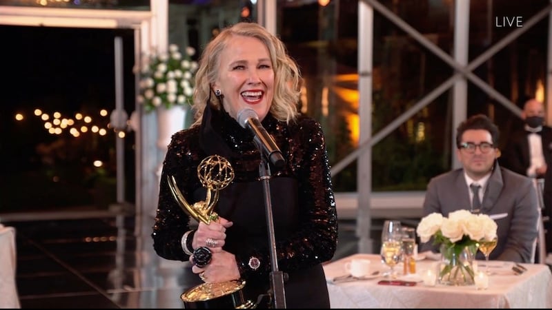 Catherine O’Hara accepting the Emmy for outstanding lead actress in a comedy series for Schitt’s Creek during the 72nd annual Primetime Emmy Awards. Photograph: American Broadcasting Companies,/AFP via Getty Images