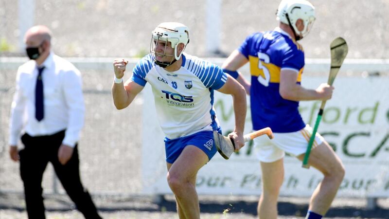 Dessie Hutchinson celebrates scoring a goal against Tipperary during the league. Photograph: James Crombie/Inpho
