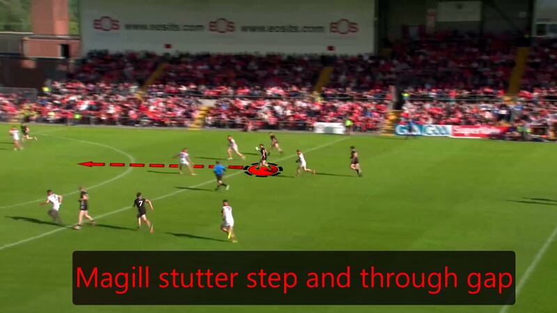 Against Louth, Magill uses a stutter step to create a gap for a more direct route to goal.