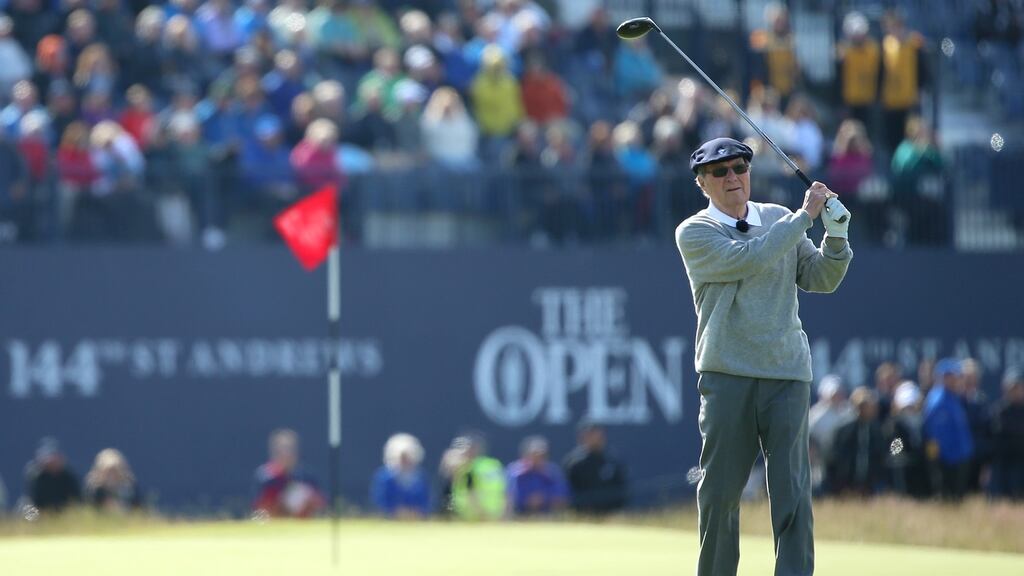Peter Thomson  tees off on the 18th during the Champion Golfers’ Challenge ahead of the 144th British Open  at The Old Course in St Andrews in 2015. Photograph: Andrew Redington/Getty Images