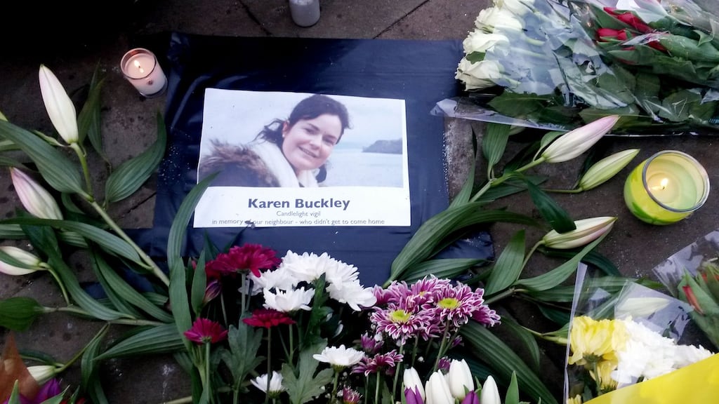 Tributes left during a silent vigil for Irish student Karen Buckley, who was aged 24, in a park off Hill Street where she had been living, after her body was found in April. Photograph: Karrie Gillett/PA Wire