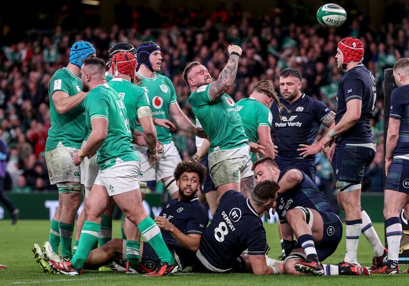 Ireland’s Andrew Porter celebrates scoring the crucial second try with team-mates. Photograph: Dan Sheridan/Inpho