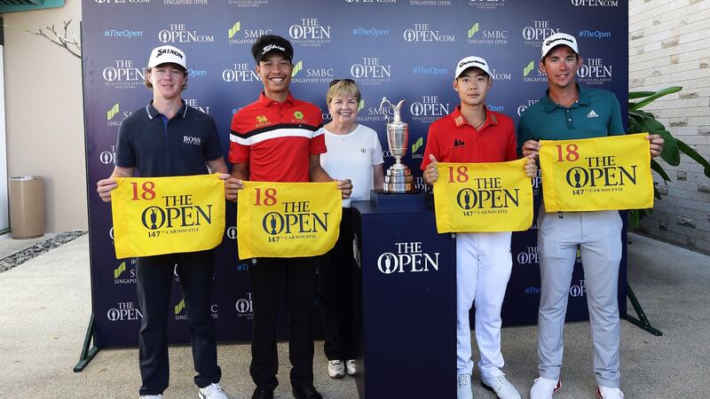 Jazz Janewattananond (second from right), with Sean Crocker, Danthai Boonma and Lucas Hebert who all qualified for the British Open through their finishes at the Singapore Open. Photo: Getty Images