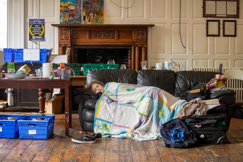 Nina Crofts catches up on some sleep at TCD's Hist Guinness World Record attempt at the Debate Chamber. Photograph: Tom Honan