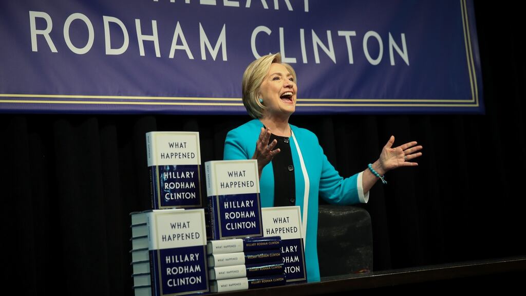 Former US secretary of state Hillary Clinton onstage to sign copies of her new book ‘What Happened’ at Barnes and Noble bookstore, New York. Photograph: Drew Angerer/Getty Images