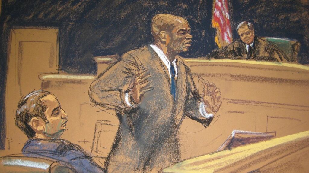 Prosecutor Randall Jackson gives his closing argument as former New York City police officer Gilberto Valle, dubbed by local media as the "Cannibal Cop" listens during his trial in this courtroom sketch in New York. Image: Jane Rosenburg/Reuters.