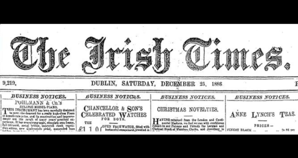 Detail from the front page of The Irish Times on Christmas Day, 1886.