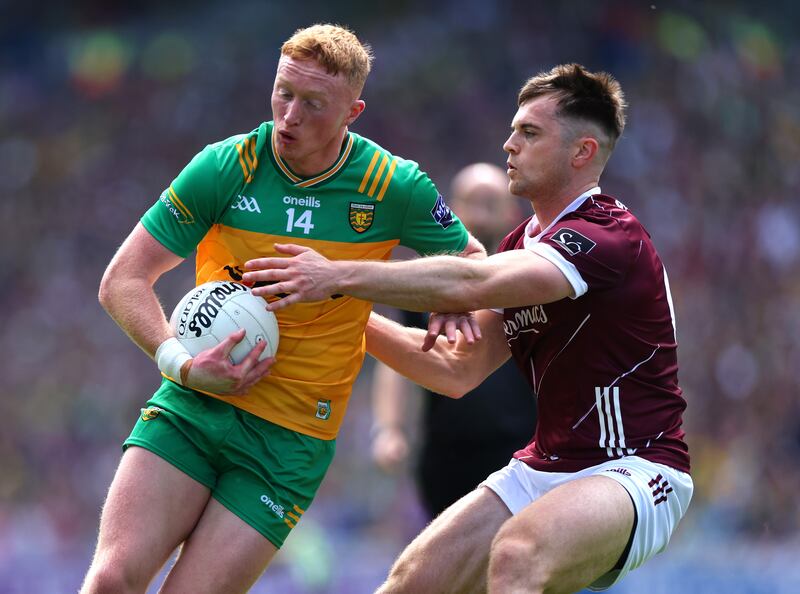Donegal’s Oisin Gallen and Liam Silke of Galway. Photograph: James Crombie/Inpho