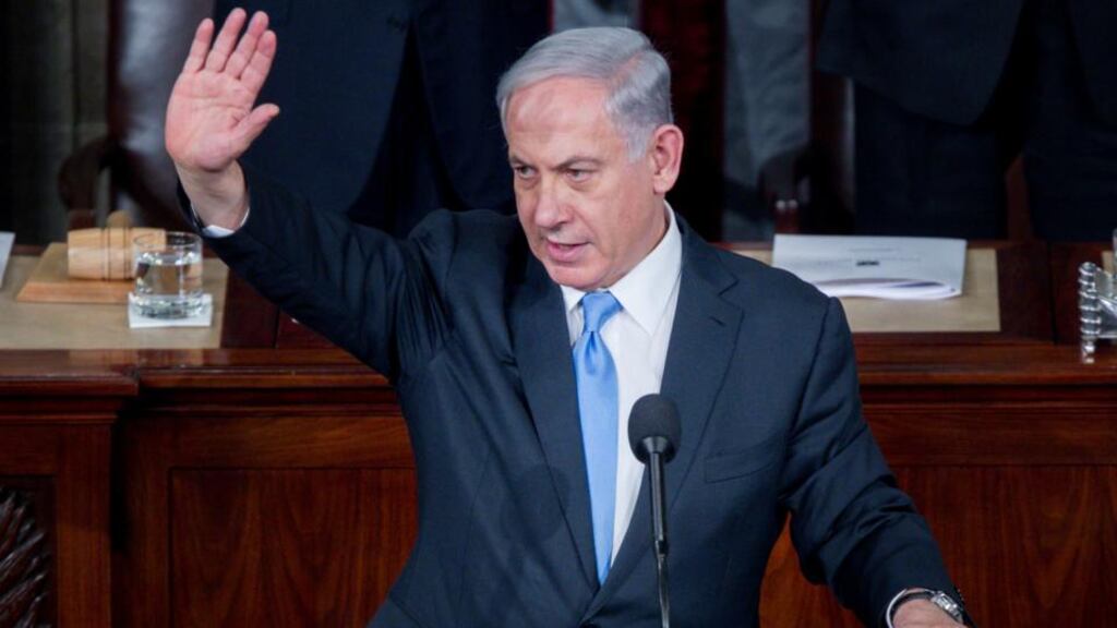 Binyamin Netanyahu, Israel’s prime minister, waves after speaking during a joint meeting of Congress. Photograph: Andrew Harrer/Bloomberg