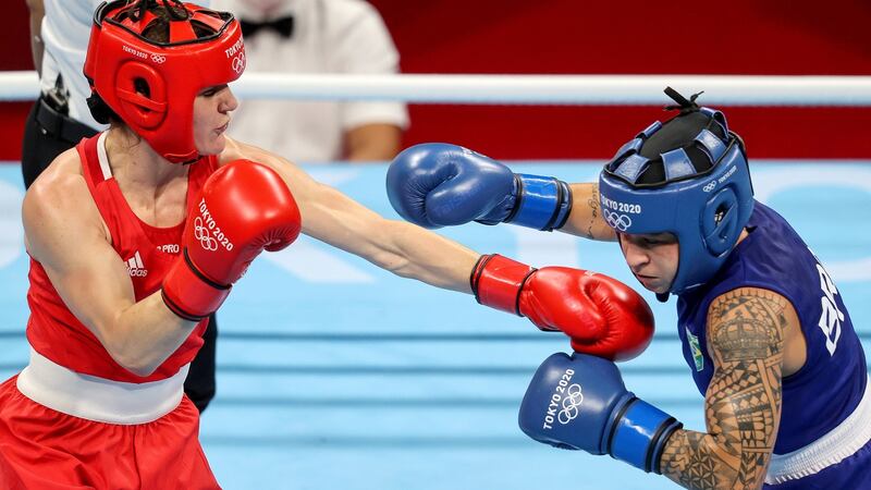 Ireland’s Kellie Harrington in action against Beatriz Ferreira of Brazil during the gold medal bout. Photograph: Bryan Keane/Inpho