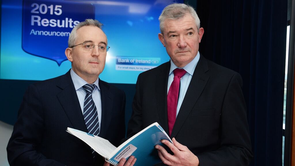 Andrew Keating, chief finance officer, and Richie Boucher, chief executive, announcing the Bank of Ireland results. Photograph: Cyril Byrne / The Irish Times