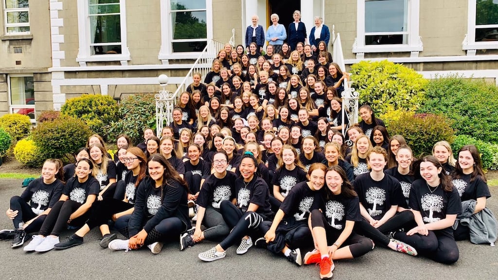 Sixth-year students at Muckross Park College on their last day of school alongside nuns from the Dominican convent