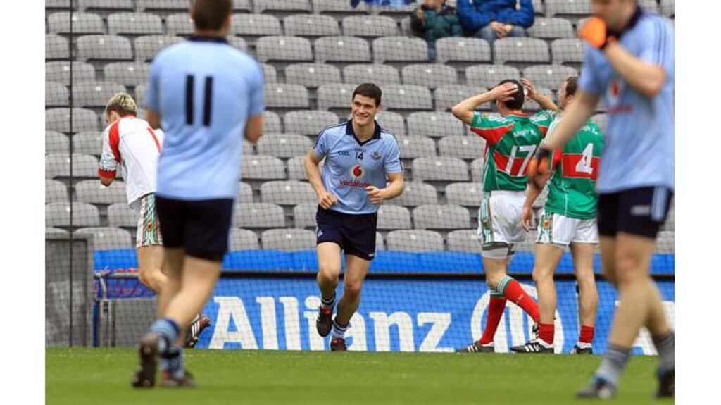 Diarmuid Connolly allows himself a wry smile after completing his hat-trick within 25 minutes at Croke Park this afternoon. Photograph: Inpho