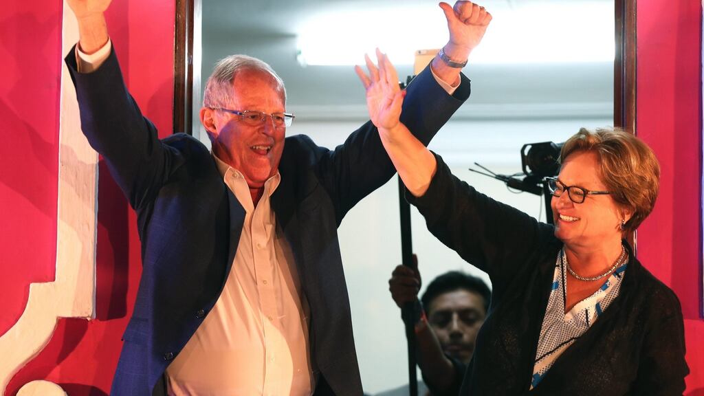 Peruvian presidential candidate Pedro Pablo Kuczynski and his wife, Nancy Lange, during a rally in Lima at the weekend. Photograph: EPA/Ernesto Arias
