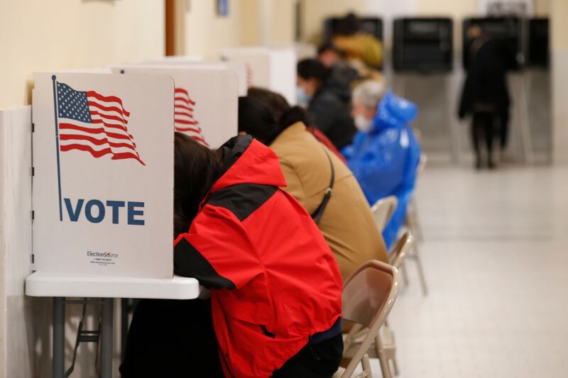 Voters mark their ballots at the voting centre in San Francisco, California. Photograph: EPA