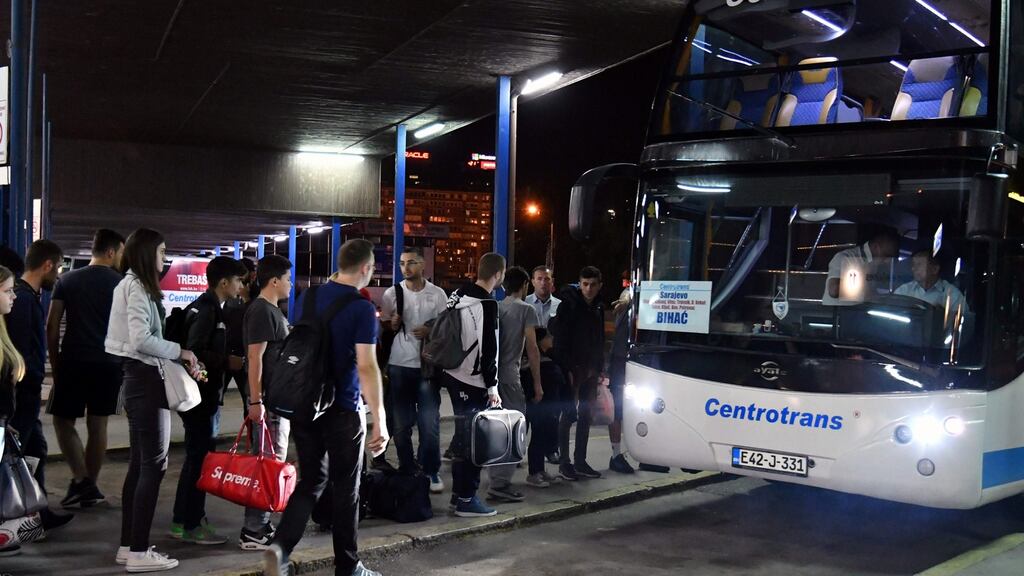 Migrants board a night bus at Sarajevo station,  on their way to the Bosnian town of Bihac on June 7th, 2018. Photograph:  Elvis  Barukcic/AFP/Getty