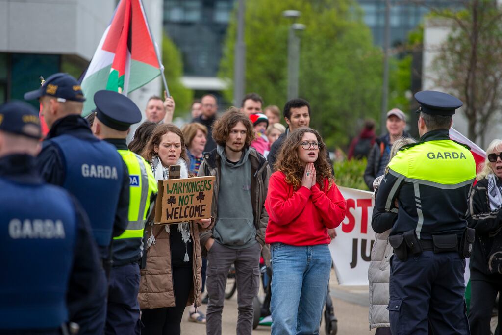 A pro-Palestine protest at UCD in Dublin last week, where former US House speaker Nancy Pelosi received an honorary doctorate. Photograph: Tom Honan