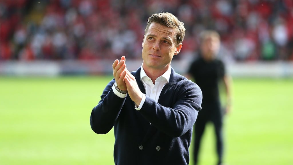 Fulham manager Scott Parker applauds the fans after the final whistle. Photograph: Richard Sellers/PA Wire.