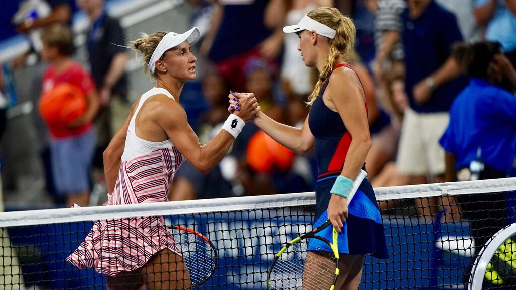 Lesia Tsurenko (L) beat Caroline Wozniacki in straight sets. Photograph: Eduardo Munoz Alvarez/AFP/Getty