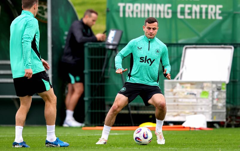 Ireland and Burnley midfielder Josh Cullen (right) during training in Abbotstown, Dublin, on Tuesday. Photograph: Ryan Byrne/Inpho