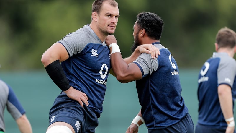 Rhys Ruddock and Bundee Aki in training. Ruddock’s physicality has invariably looked tailor-made for meetings with the Springboks. Photograph: Laszlo Geczo/Inpho