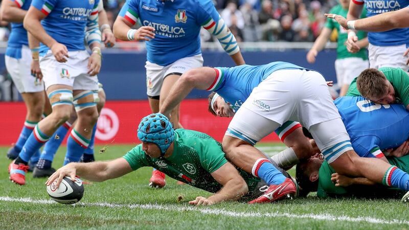 Tadhg Beirne stretches out to score Ireland’s first try against Italy at Soldier Field in Chicago. Photograph: Dan Sheridan/Inpho